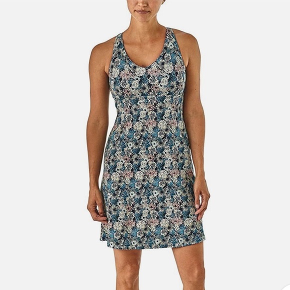 Patagonia Magnolia Spring Blue Black Floral Twist Back Dress Womens Large - Picture 1 of 8